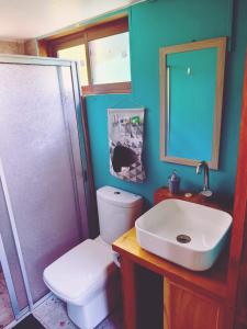 ein Badezimmer mit Toilette, Waschbecken und Spiegel in der Unterkunft Tiny House Detrás del río in Colbún