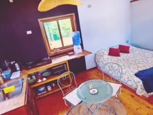 ein Schlafzimmer mit einem Bett und einem Tisch und einem Fenster in der Unterkunft Tiny House Detrás del río in Colbún