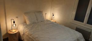 En eller flere senge i et værelse på Maison 3 chambres avec Jacuzzi à 400m des plages