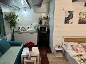 een kleine woonkamer met een bank en een keuken bij Mika Tiny House in Daia +23 foto's