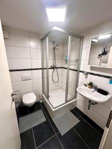 a bathroom with a shower and a toilet and a sink at Royal Rose Suite in zentraler Lage in Bremen +3 photos