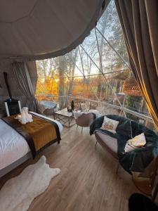 a bedroom with a bed and a large glass window at Bulle au Fil de l'eau in Romilly-sur-Andelle