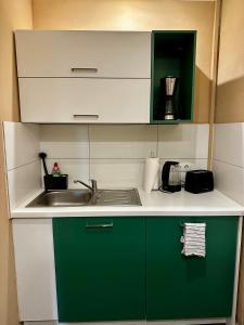 una cucina con armadi verdi e bianchi e un lavandino di Stilvolles Landhausstil Apartment - Zentral a Brema