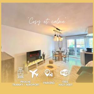 vista su un soggiorno con sala da pranzo di Le Montaigne - Parking inclus, Tramway et MEET a Blagnac