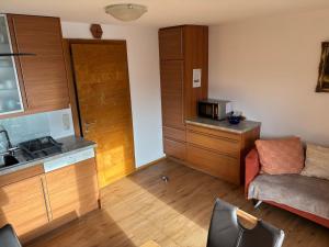 a small kitchen with a couch and a microwave at Ferienwohnung Mayrhofer in Leogang +13 photos