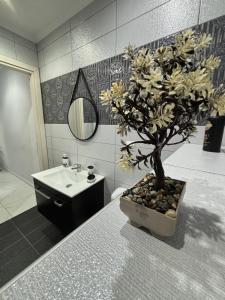 a bathroom with a potted tree on a counter at Panorama Apartments in Prinos