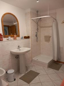 un bagno con lavandino, doccia e WC di Villa Bella bed and breakfast a Favale di Malvaro