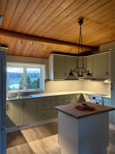 a kitchen with green cabinets and a wooden ceiling at Åker Lilläng Solviken in Skillingaryd