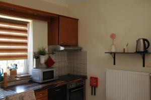 a kitchen with a microwave on a counter with a window at Haus Vis a Vis 1 in Stromberg