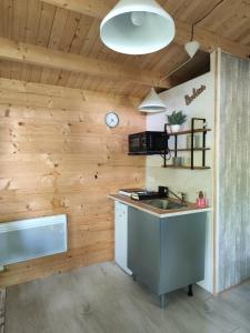 a kitchen with wooden walls and a counter with a sink at Camping Les Rochelles in Prunay-Cassereau