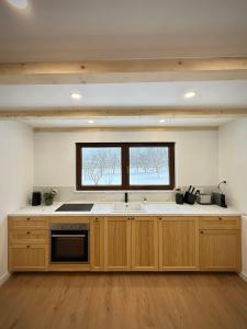 una cucina con un lavandino e una finestra di Casuta Fulgu - Apartament 2 Dormitoare a Borşa