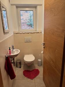 a bathroom with a toilet and a sink and a window at Ferienwohnung Mayrhofer in Leogang