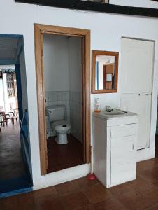 een badkamer met een toilet en een spiegel bij Hotel Rabin Itzam in Lanquín