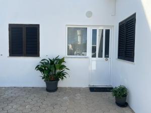 een wit huis met twee planten voor een deur bij Cosy Vau in Vau