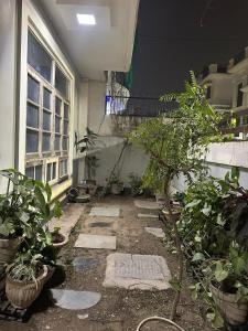 un cortile con piante in vaso di fronte a un edificio di Sparkline Girls Hostel a Lucknow