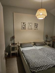 una camera da letto con un letto grande e un lampadario di Haus Vis a Vis 1 a Stromberg