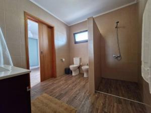a bathroom with a toilet and a shower with a window at Estrela do Frade in Maia +19 photos