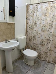 a bathroom with a toilet and a sink and a shower curtain at Eucalipto Dúplex in San Vicente