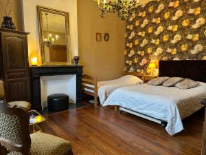 a bedroom with two beds and a fireplace and a mirror at Le Petit Chateau in Saint-Michel