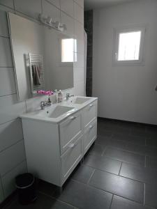 un bagno bianco con lavandino e specchio di Logement entier a Montech