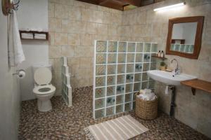 a bathroom with a toilet and a sink at Uupa Bird Cottage in Moorea