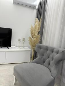 a living room with a chair and a television at Apartman welsh in Bugojno