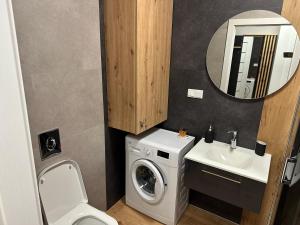 a bathroom with a washing machine and a sink at Berlińska 43 in Jelenia Góra