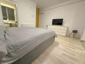 a bedroom with a bed and a flat screen tv at Avangarde City bloc 7 in Roşu