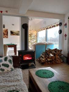 a living room with a wood stove and a couch at Chata Otulina Radków - dom u podnóża Gór Stołowych in Radków +291 photos