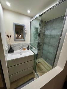 een badkamer met een wastafel en een glazen douche bij Résidence Coté Village in Valbonne