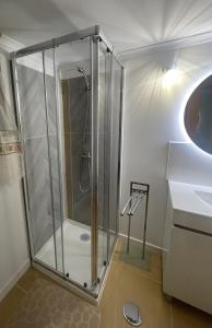 een douche met een glazen omhulsel in een badkamer bij Casa cidade e piscina in Coimbra