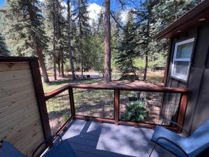 a screened in porch with a chair and trees at Two Bridges Lodge in Bailey