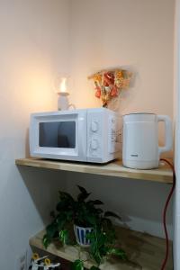 a microwave and a toaster oven on a shelf at Tokyo My Home Private Room for 3 Guests near Shinjuku Shared Facilities in Tokyo
