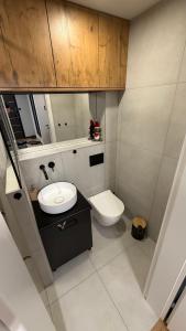 a small bathroom with a sink and a toilet at W Centrum in Piła