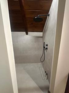 een badkamer met een douche en een houten plafond bij 4 MOUNTAIN HILLS in Méga Khoríon