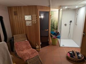 een badkamer met een douche, een stoel en een bad bij Auszeitoase Freystadt - Park, Billard, Sauna - ideal für Familientreffen und Messe Nürnberg in Freystadt +53 foto's