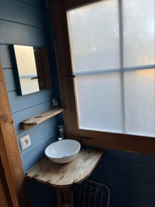 a bathroom with a white sink and a window at Chalet en lisiere de Foret in Lacanau