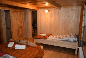 two beds in a room with wooden walls at Apartamenty na starej drodze in Witów