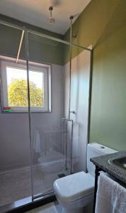 ein Badezimmer mit Dusche und Toilette und einem Fenster in der Unterkunft Gota de Piedra in San Francisco Solano