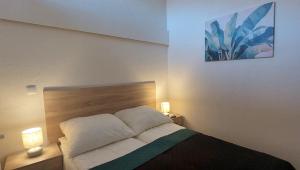 a bedroom with a bed with two lamps and a painting at Apartament Pierwszy Maj in Kudowa-Zdrój