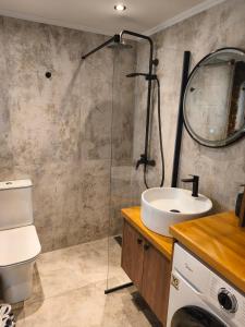 a bathroom with a shower and a sink and a toilet at Φεγγαρόπετρα ΓΑΙΟΦΩΣ in Kalívia +22 photos