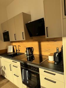 a kitchen with a sink and a stove top oven at Anton's Apartment - Natur & See in Velden am Wörthersee +32 photos