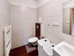 a white bathroom with a toilet and a sink at Apartmán Všemina 300 in Všemina +12 photos