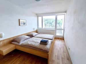 a bed in a room with a window at Apartmán Všemina 300 in Všemina