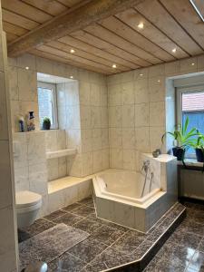 a large bathroom with a tub and a toilet at Zwischen Wald und Wiese in Lilach +25 photos