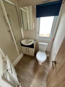 a small bathroom with a toilet and a sink at Church meadow 39 in Pagham +3 photos
