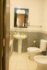 a bathroom with a sink and a toilet and a mirror at Miss ALIA Aéroport in Tangier