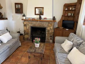 a living room with two couches and a fireplace at La Cueva in Vélez Blanco