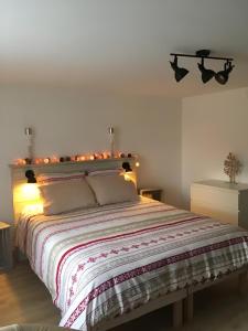 een slaapkamer met een groot bed met verlichting bij La Bulle d Avenir in Corcieux