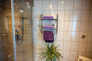 un bagno con doccia con asciugamani viola e una pianta di Haus Prodinger a Weisspriach